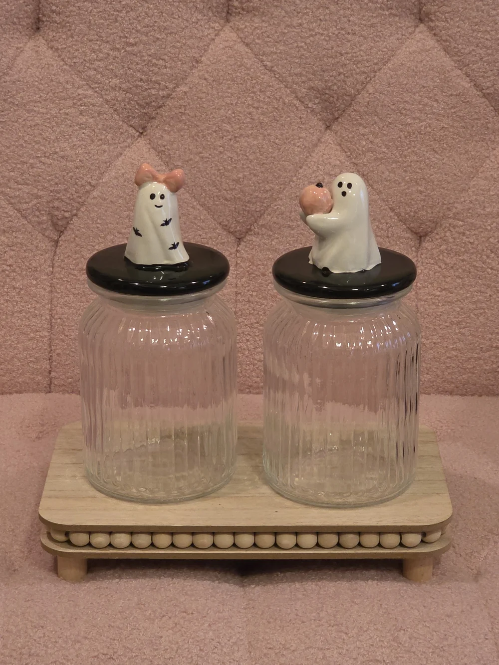 Whimsical Ghost Ceramic Lid Glass Jar Set in Pink and Black